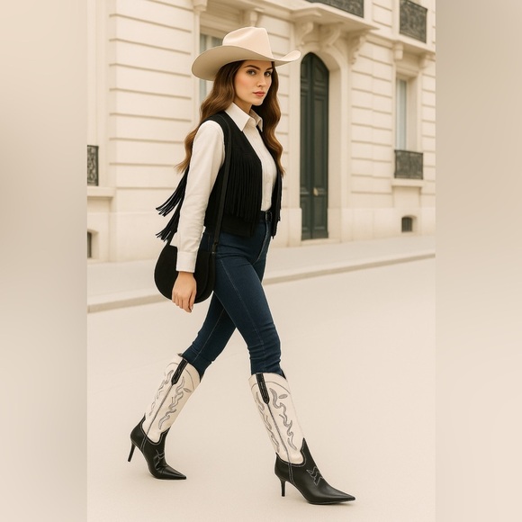 INC Hayleigh Knee-High Cowboy Vegan Boots | Black & Bone Size 7M | New With Box - Picture 2 of 10